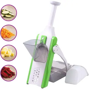 Cortadora de alimentos 4 en 1 blanca y verde con empujador y recipiente, junto a rodajas, tiras y dados de verdura
